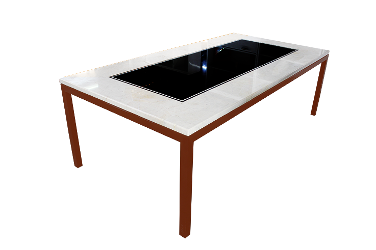 Elément Marbre Blanc a/c déc* cardre + m.noir type T Rectangle 240x120 SM + Piètement pour table à manger de 2.40mx1.20n en tube carré de 50(marron clair/foncé) 