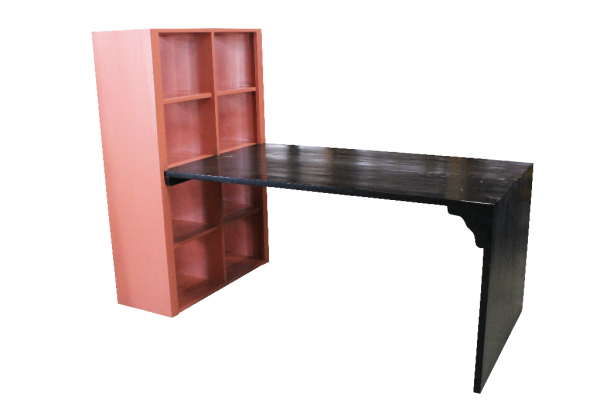 Bureau + étageres amovible Pin Bicolore Verni Noir/Saumon
